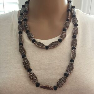 Handcrafted handmade beaded beige wooden necklace with black beads